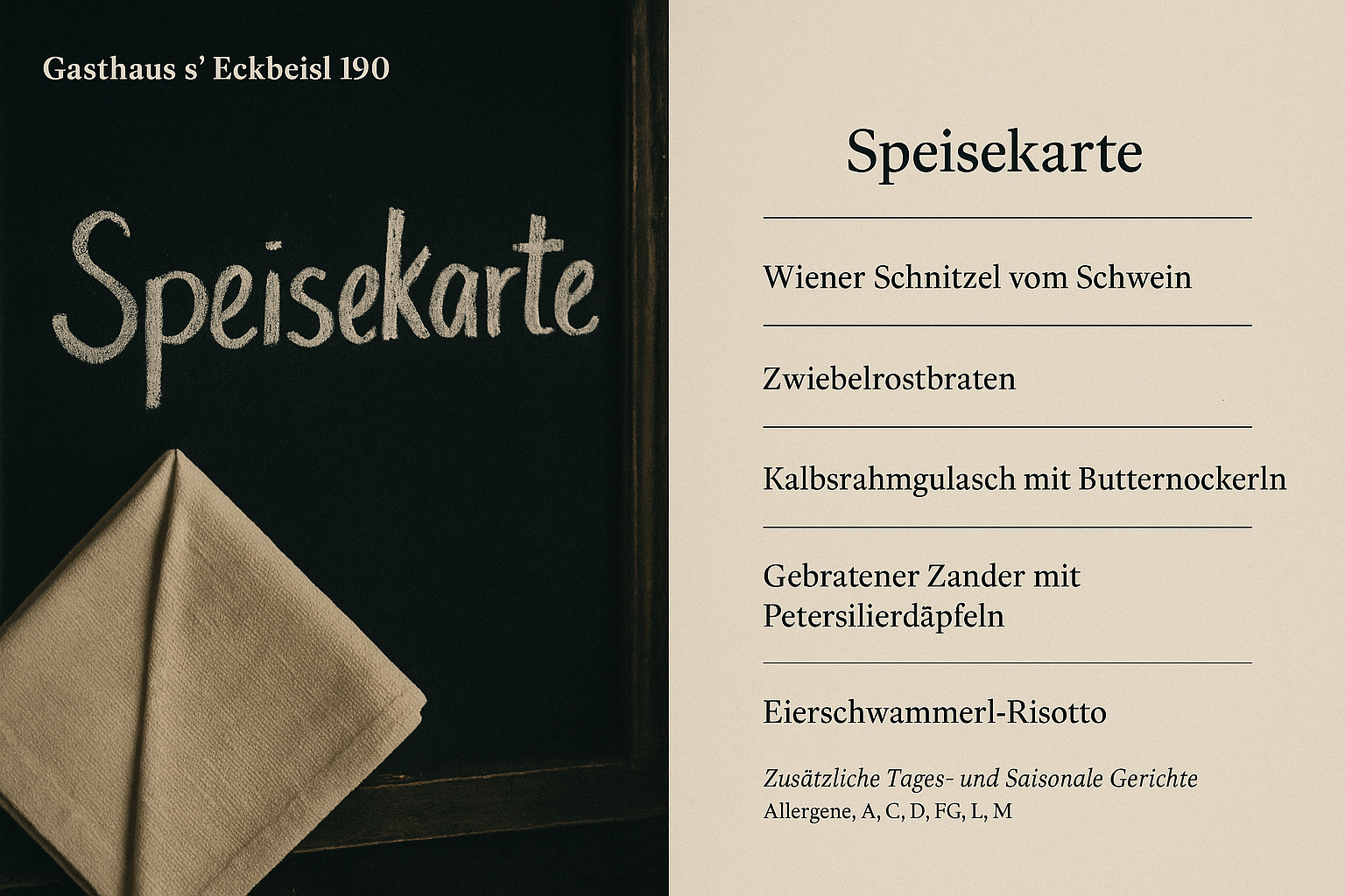 Handgeschriebene Tafelkarte im Gasthaus s’ Eckbeisl, Gatterburggasse 4, 1190 Wien — Speisekarte mit Tagesgerichten